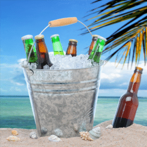 Beer bottles on the beach.